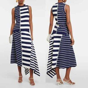 NEW Simkhai Joelene Asymmetric Fitted Striped Wool-Blend Top Navy Blue Size: XS